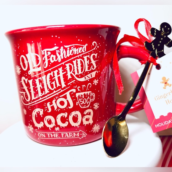 Christmas Sleigh Rides Hot Cocoa Red Camper Mug & Gold Metal Gingerbread Spoon - Picture 2 of 9